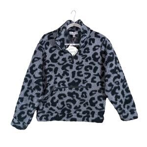 Knox Rose Sherpa Jacket Womens XS Quarter Zip Leopard Animal‎ Print Front Pocket
